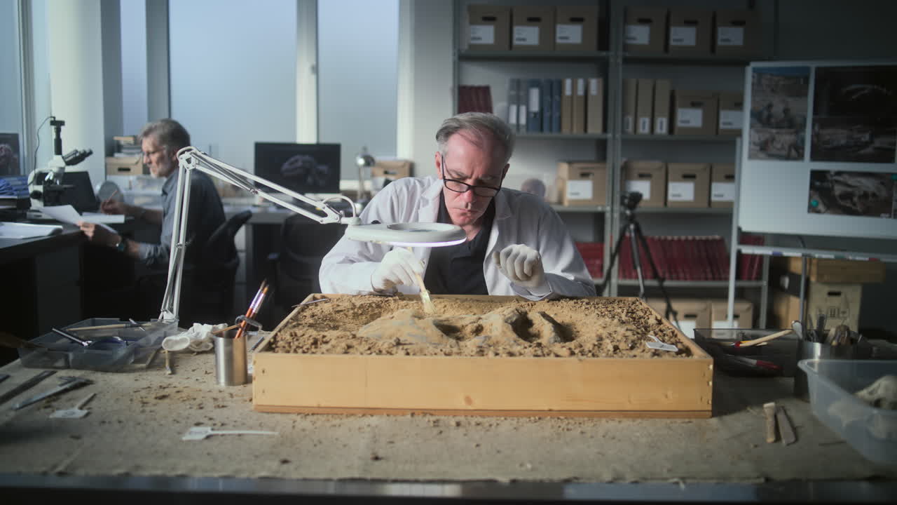 палеонтолог исследует окаменелость