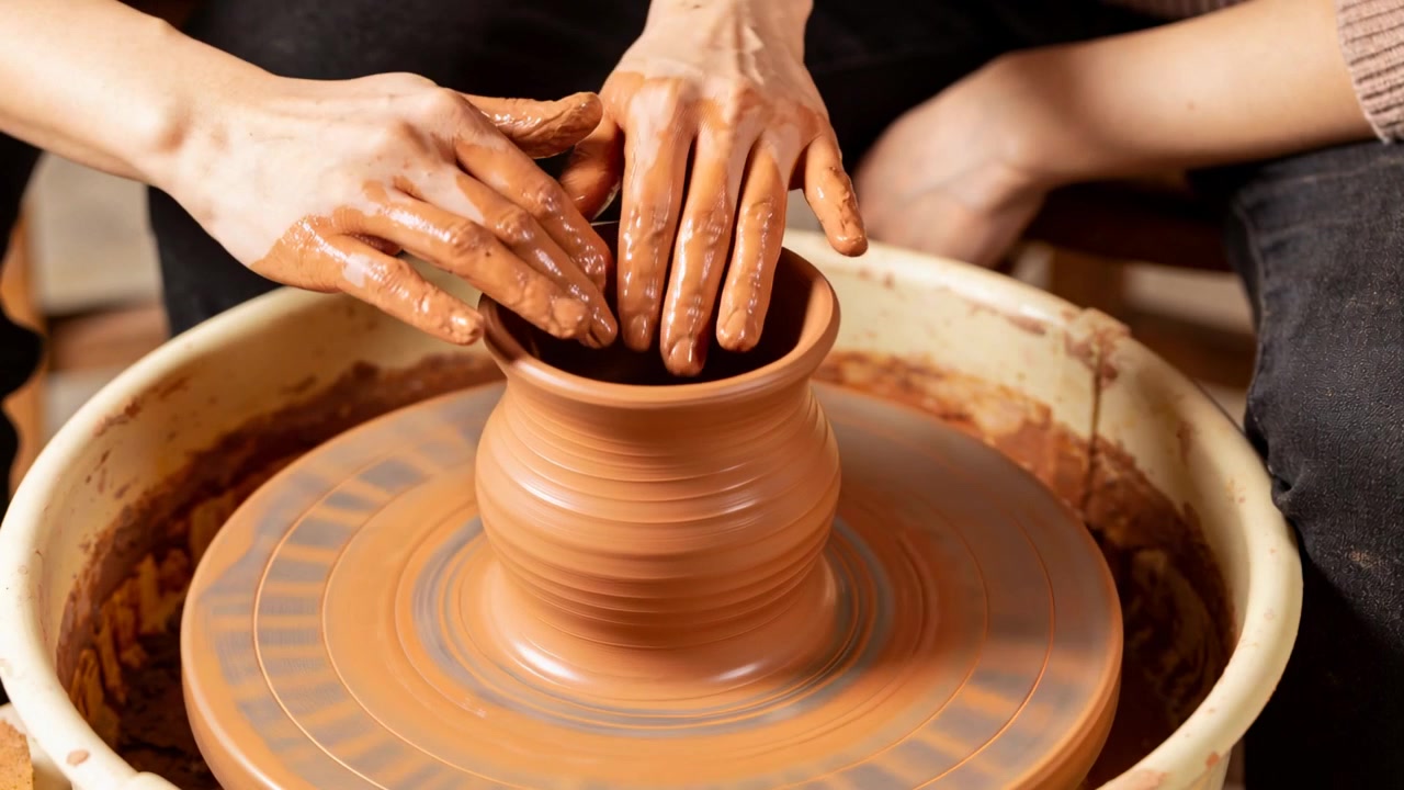 Due mani sporche di argilla modellano un vaso su un tornio da vasaio che gira, con una manica beige che guida lo studente