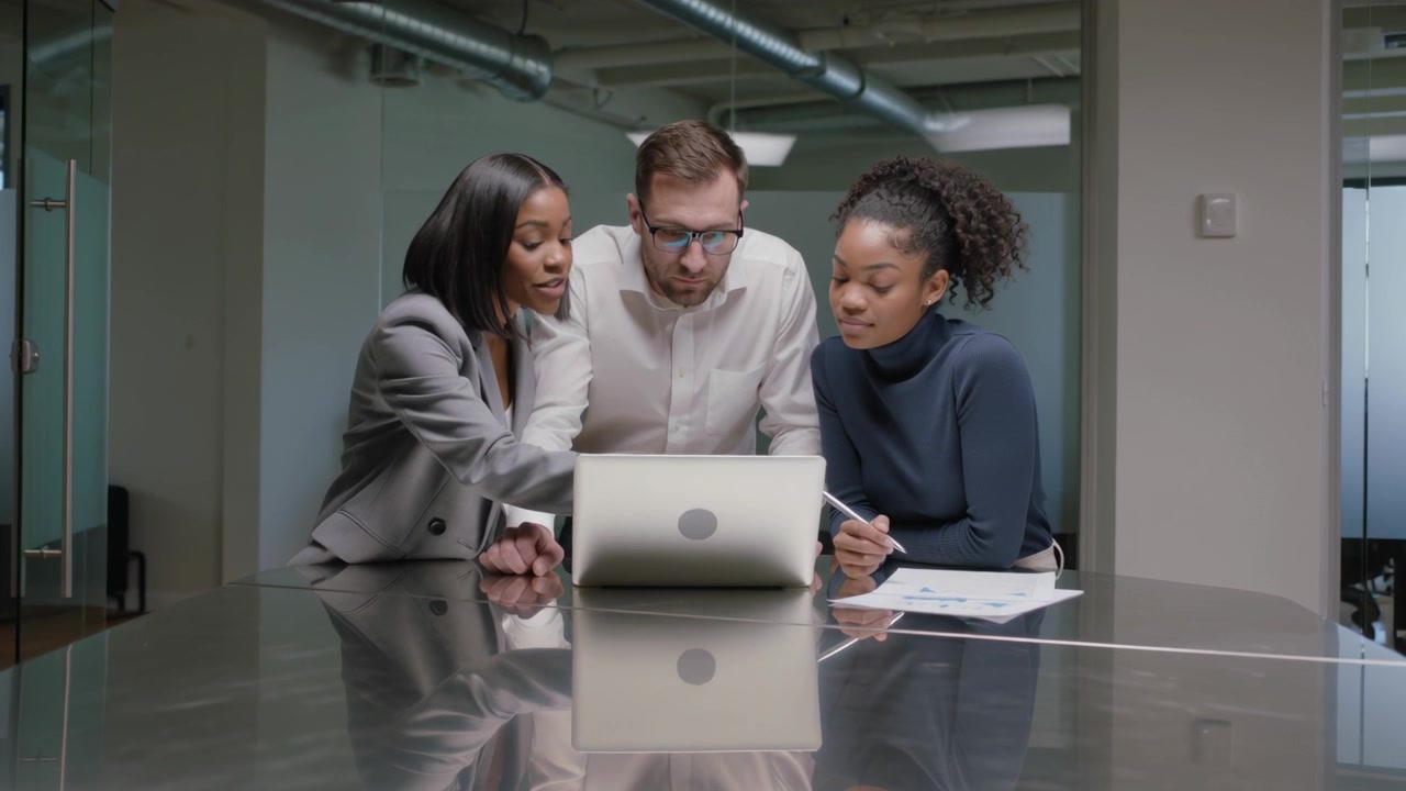 Pointing left woman in blazer leaning toward laptop chart for project, man reading, woman noting