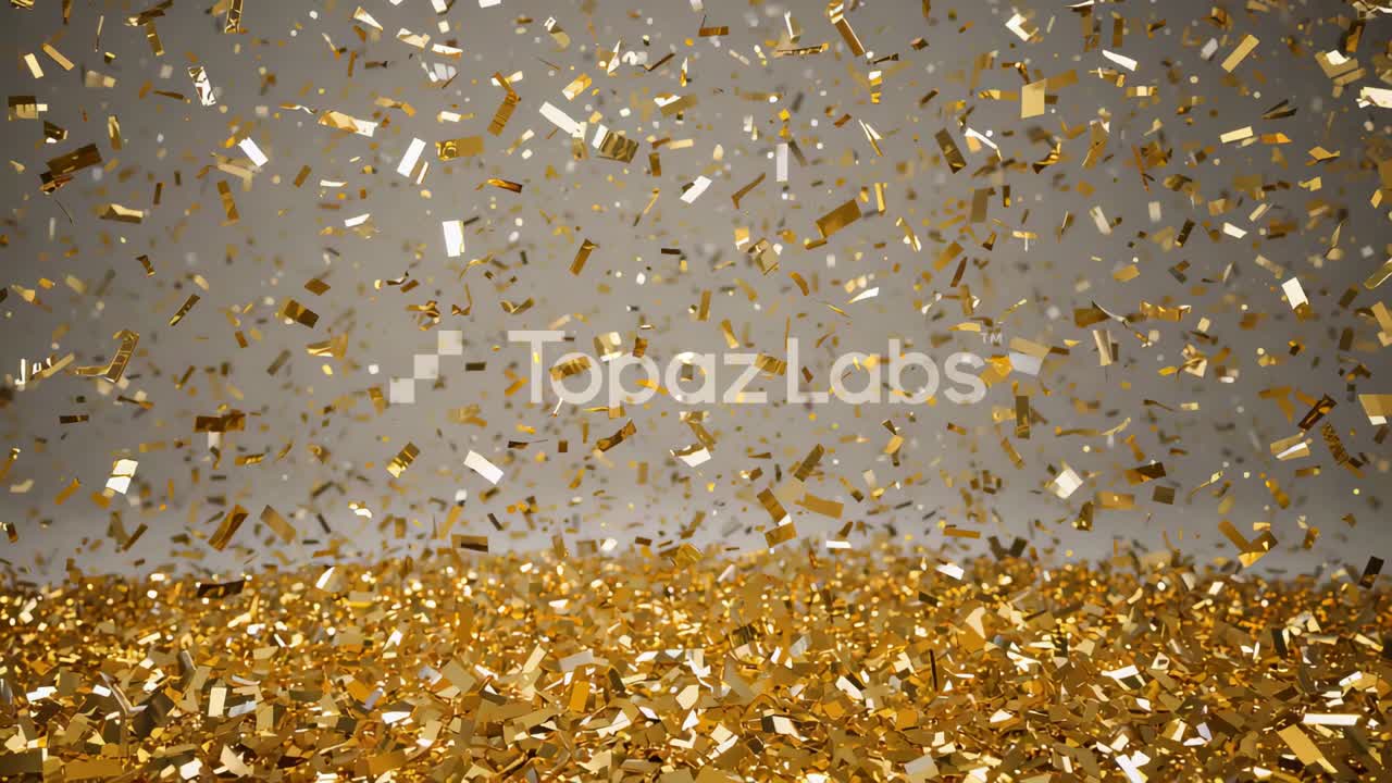 Framing Topaz Labs wordmark after release, gold confetti drifting over backdrop, celebrating reveal