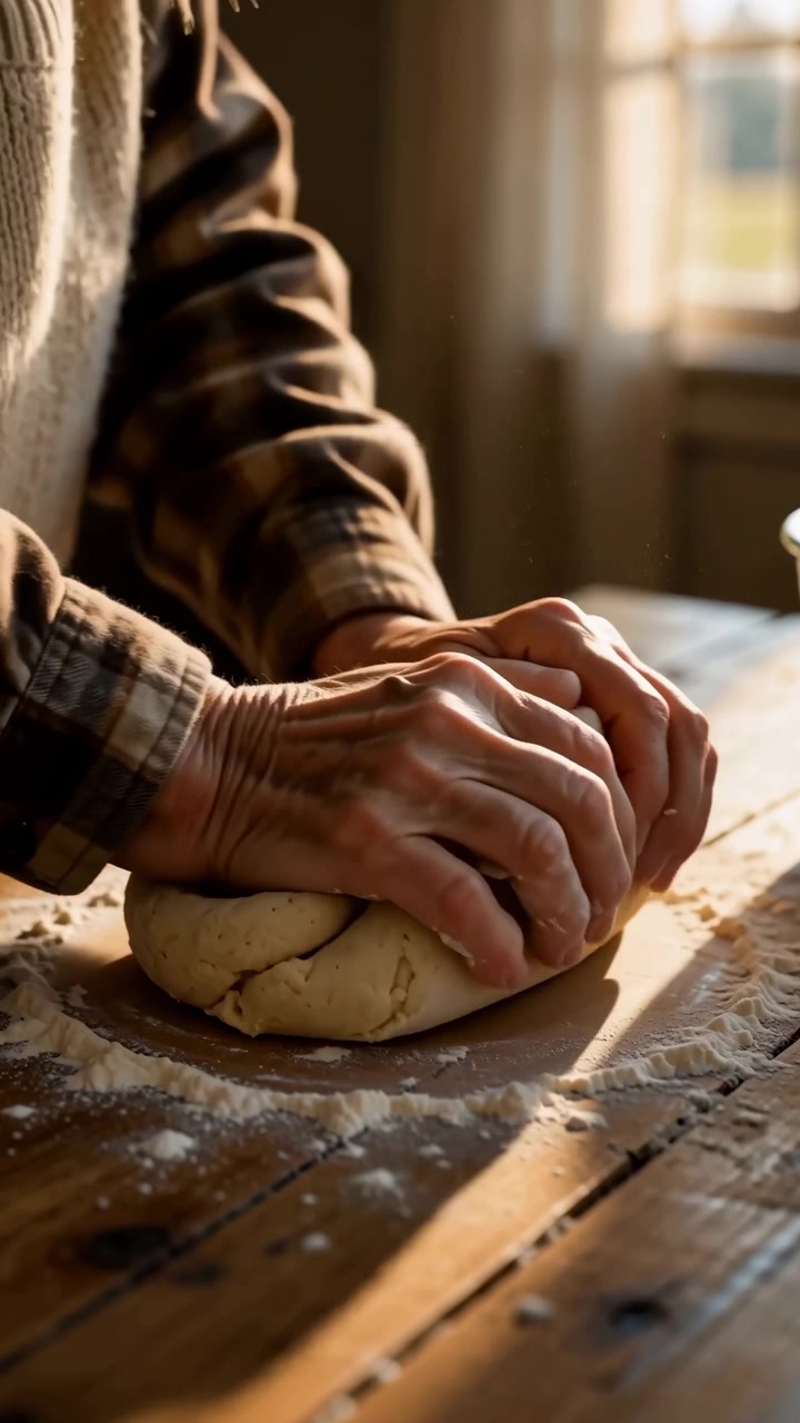 Close view shows hands shaping dough through repeated kneading motions on flour-dusted wooden surface, with warm sunlight, textured table, and soft indoor background creating calm baking atmosphere.