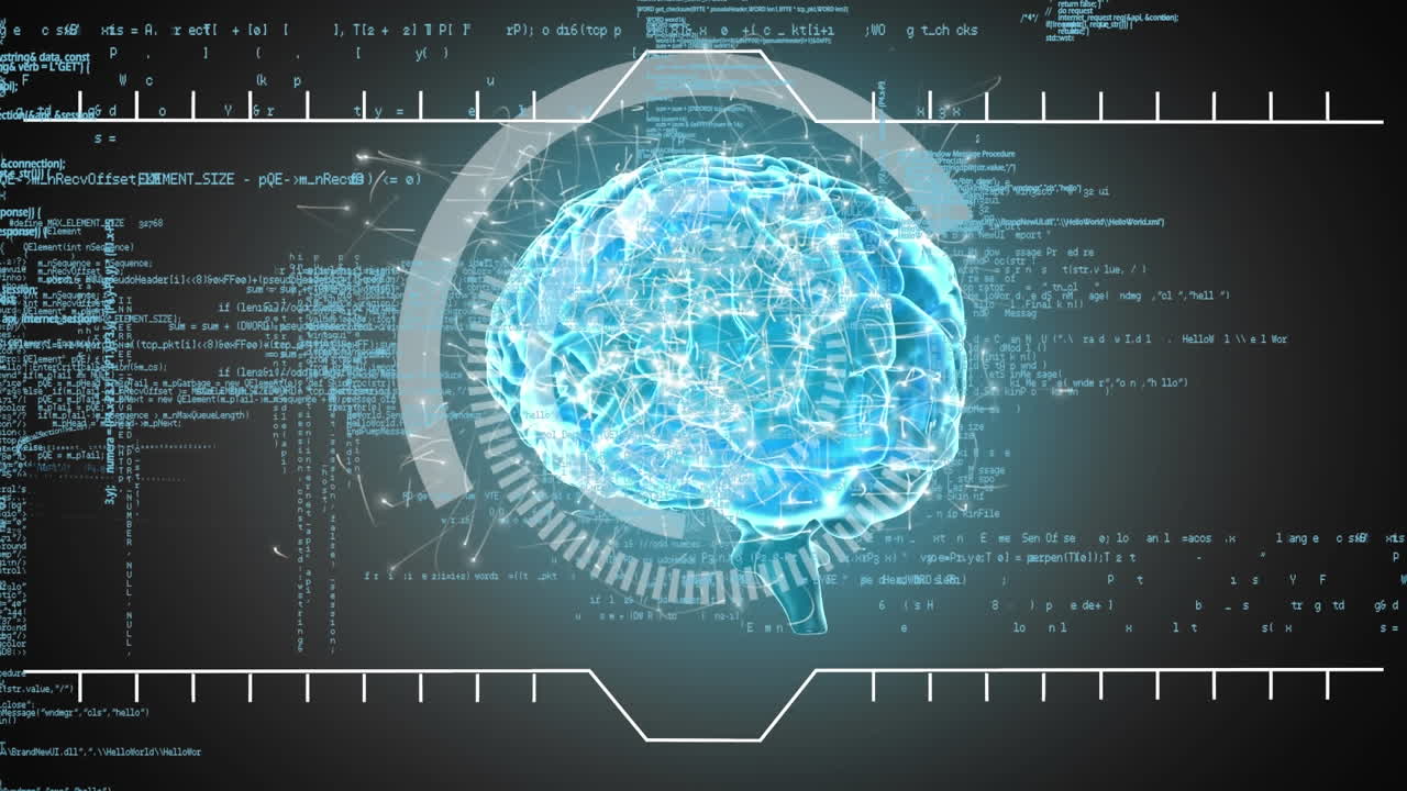 Animation of round scanner over human brain icon and data processing against grey background