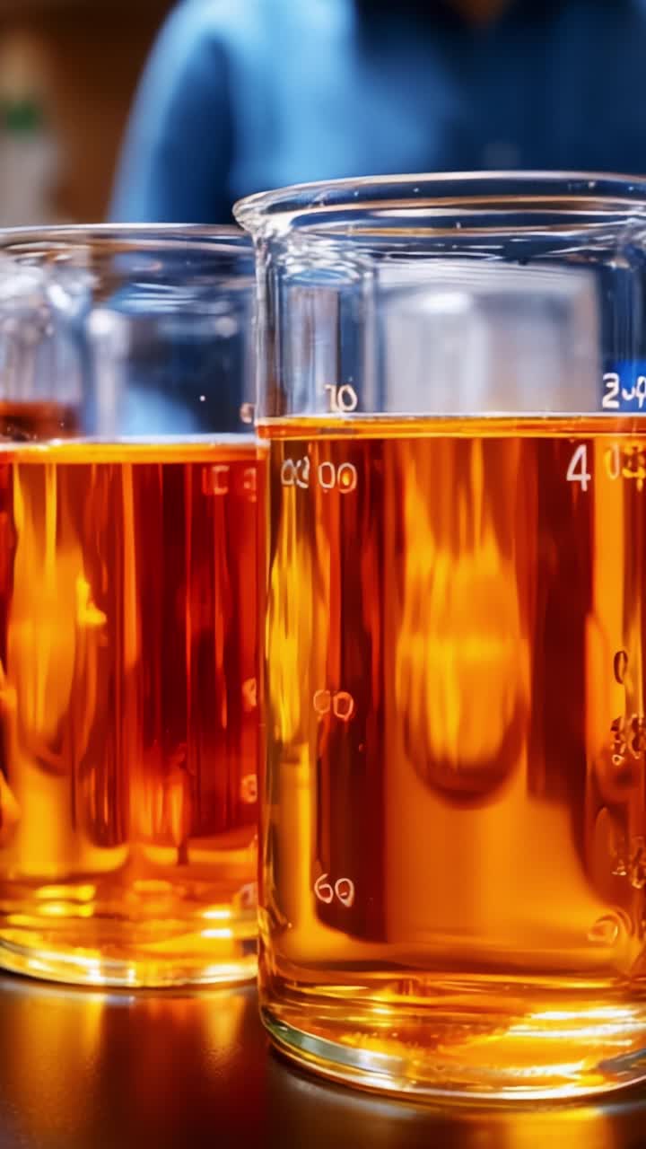 Two laboratory beakers containing vibrant orange liquids display intricate reflections and measurements, showcasing a fascinating scientific experiment in progress