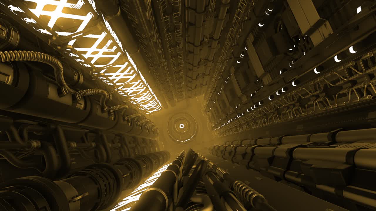темный, футуристический коридор с светящимися огнями и промышленными машинами.