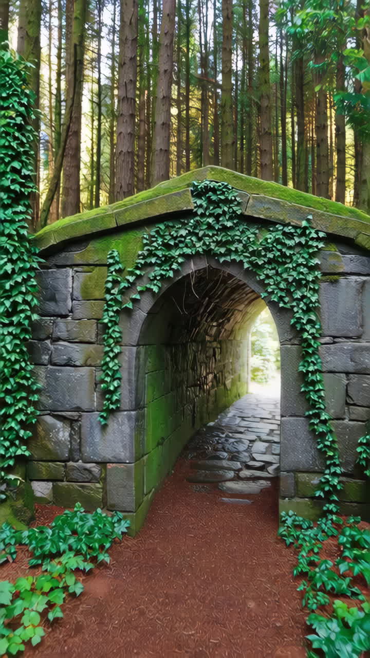 Stone Archway Tunnel with Green Ivy and Light at the End