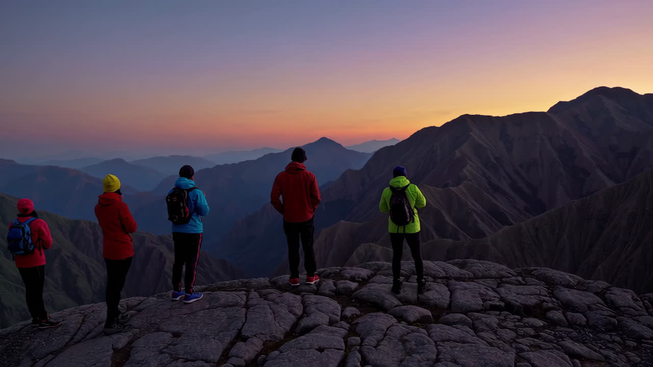 Sunrise View from Mountain Summit with Hikers