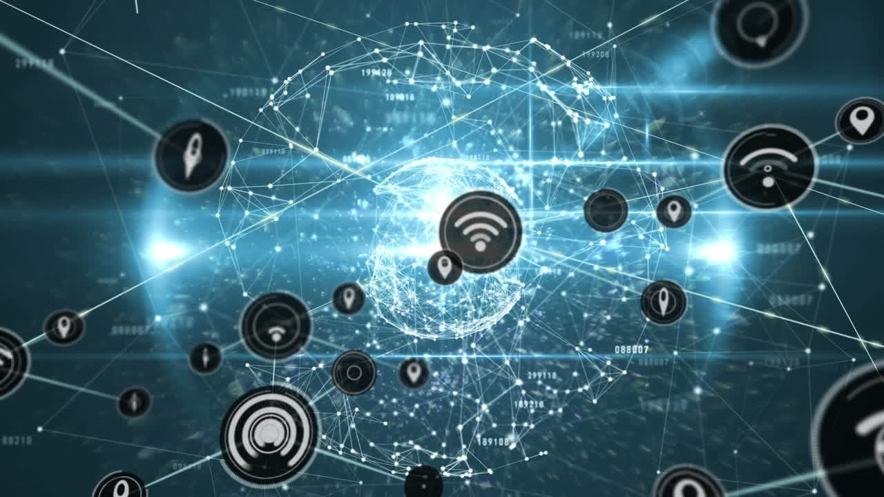 animación de iconos conectados, destellos de lentes, puntos conectados que forman globos contra un fondo abstracto