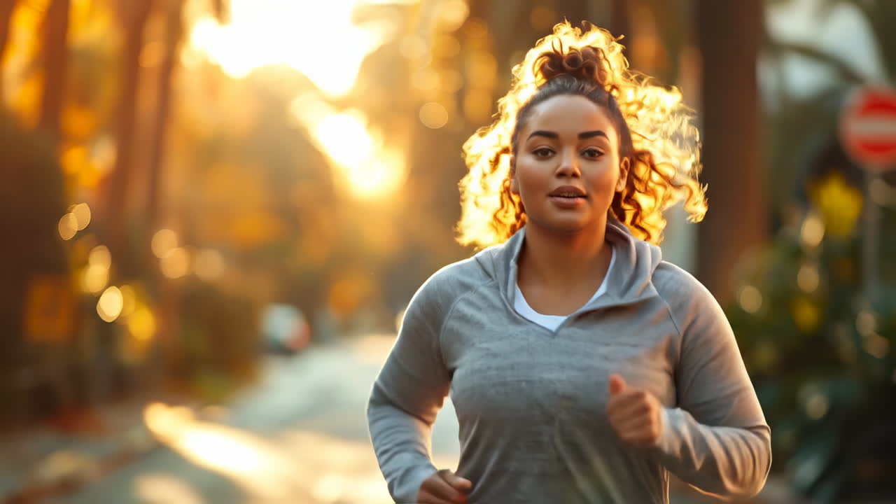 Morning jog on a sunlit street. A woman runs along a tree-lined street during the golden hour, enjoying a peaceful morning workout
