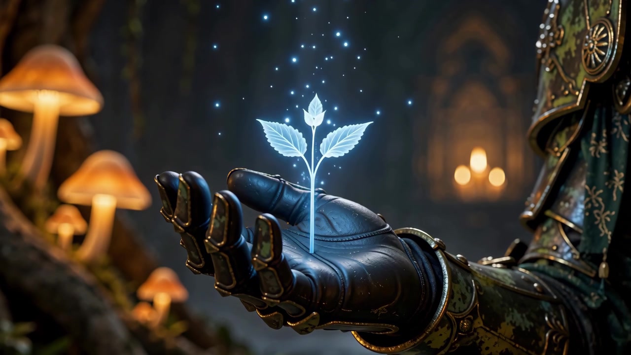 Knight in Enchanted Forest Holding a Glowing Magical Plant