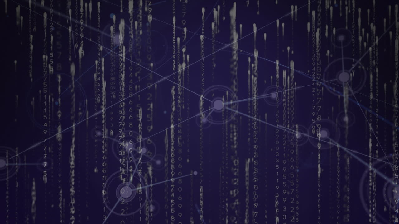 Animation of network of connections and data processing on dark background