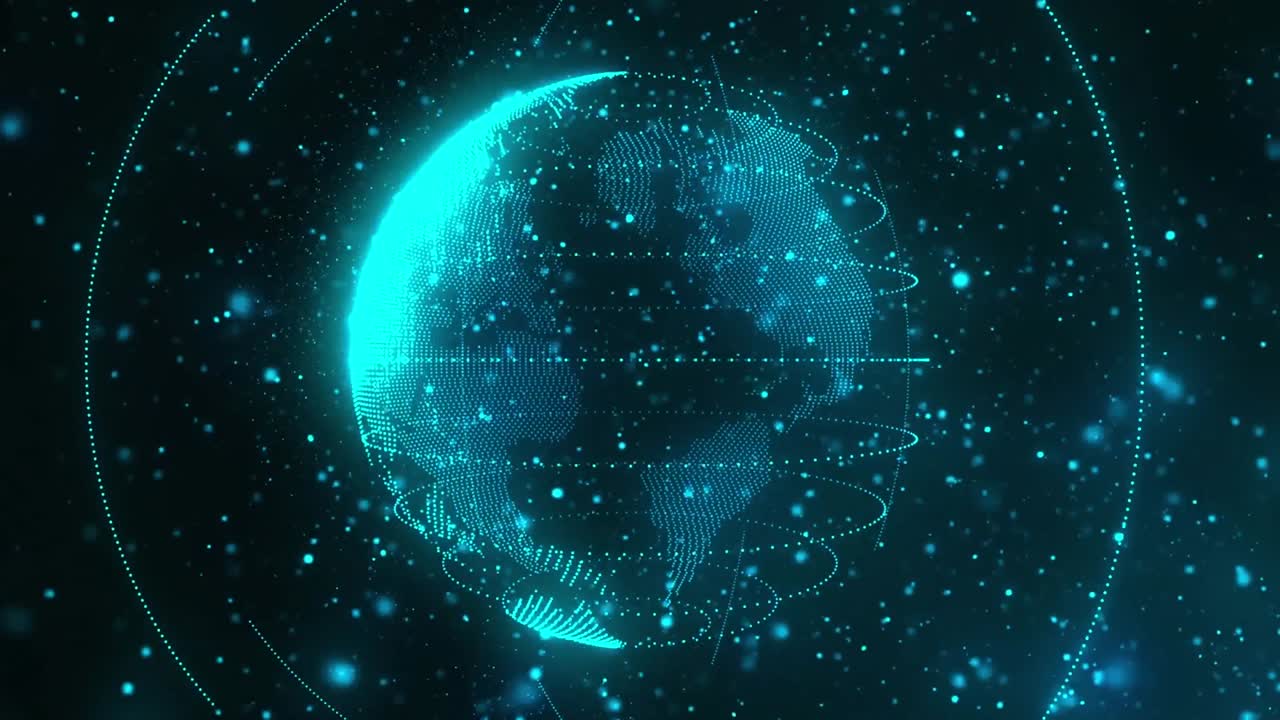 Animation of spinning globe and blue glowing spots against black background