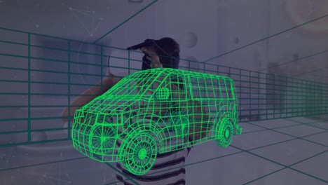 Animation-Einer-Technischen-3D-Zeichnung-Eines-Lieferwagens-über-Einer-Frau-Zu-Hause,-Die-Ein-VR-Headset-Trägt
