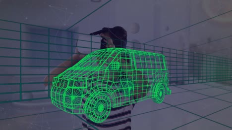animación de dibujo técnico 3d de la furgoneta, sobre la mujer en casa con auriculares vr
