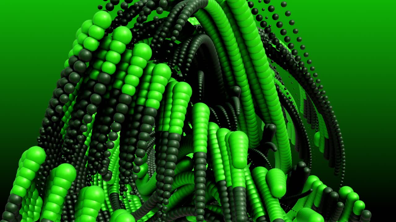 Abstract animation of green and black spheres forming a moving organic formation