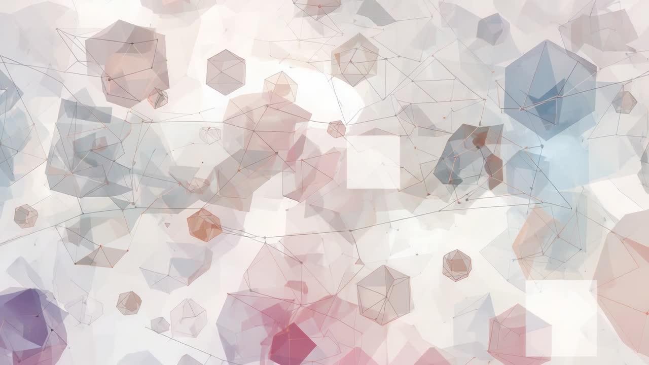 Starting animation loop, centered cluster drifting outward as looping pastel polyhedra background
