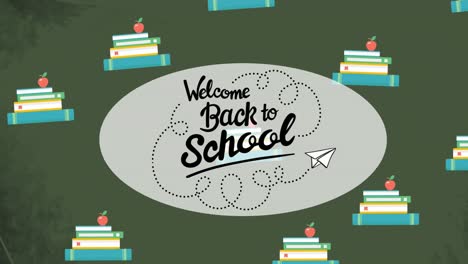 animation of welcome back to school text over school items icons on green background