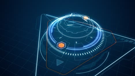 motion graphic of 3d blue triangle and circle rotation with head up display ( hud ui ) technology interface and futuristic elements abstract background