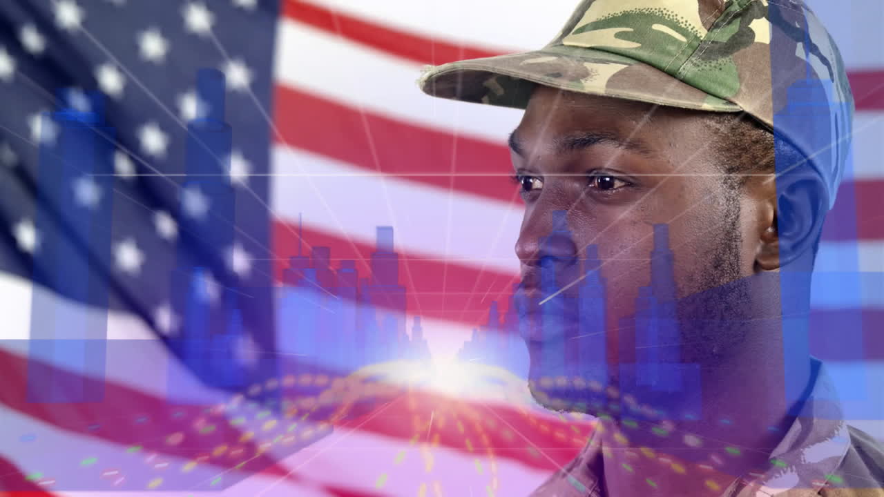 With digital cityscape and American flag, African American soldier standing proudly