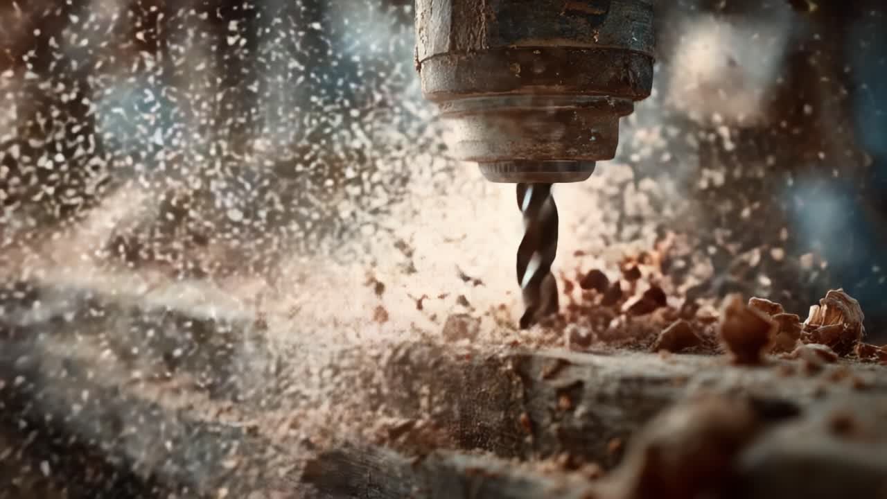 Close-Up of a Power Drill in Action, Drilling into Wood with Flying Chips and Dust, Showcasing Precision and Craftsmanship in a Workshop Environment