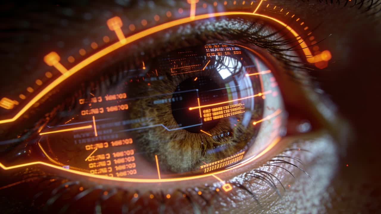 Scanning right eye following HUD appearing in lab, moving reticle toward pupil for biometric ID