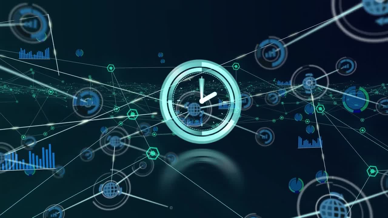 animación de reloj de neón que hace tic-tac a través de una red de iconos digitales contra un fondo azul