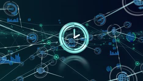 Animation-of-neon-ticking-clock-over-network-of-digital-icons-against-blue-background