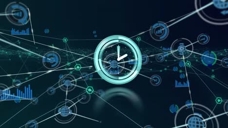 animación de reloj de neón que hace tic-tac a través de una red de iconos digitales contra un fondo azul