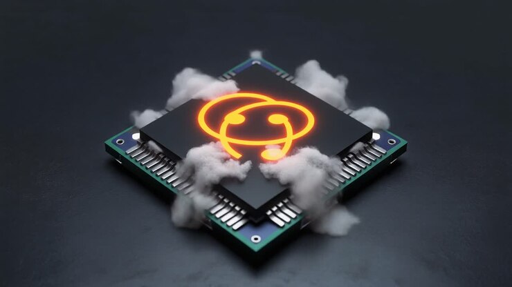 Chip de computadora futurista con símbolo luminoso emitiendo humo