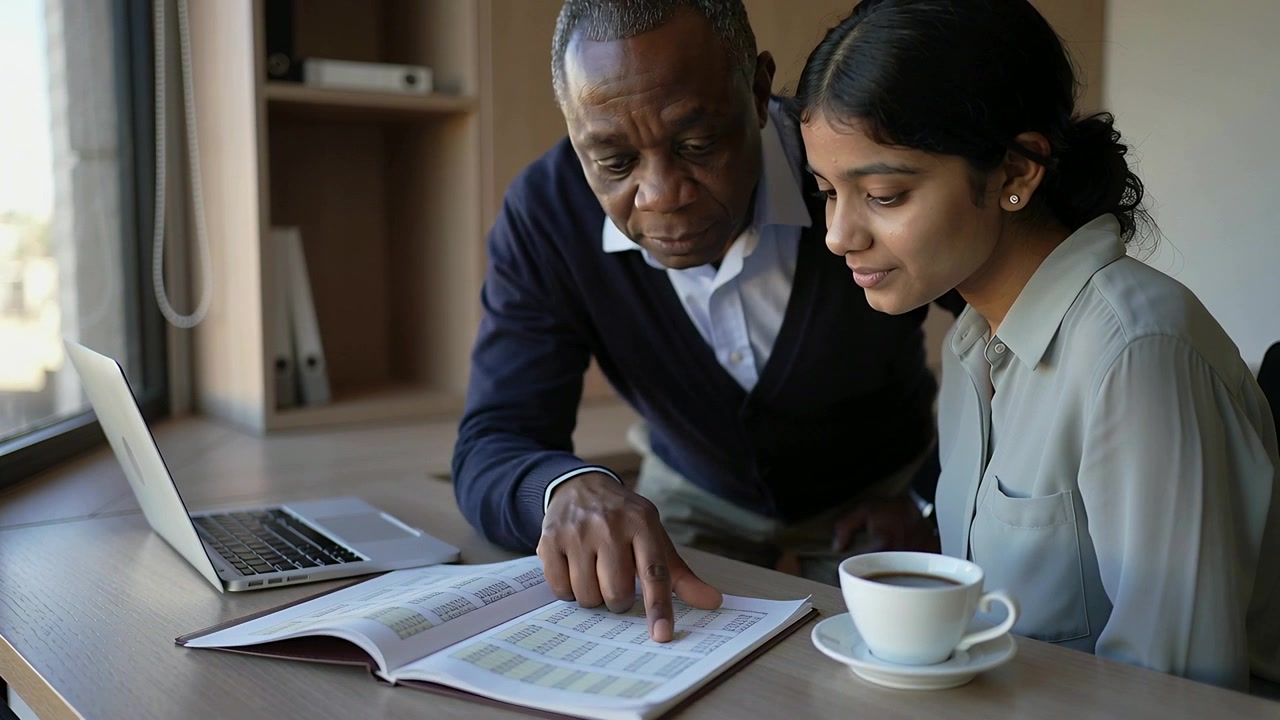 Leaning, pointing mentor in cardigan guiding mentee through open book at window