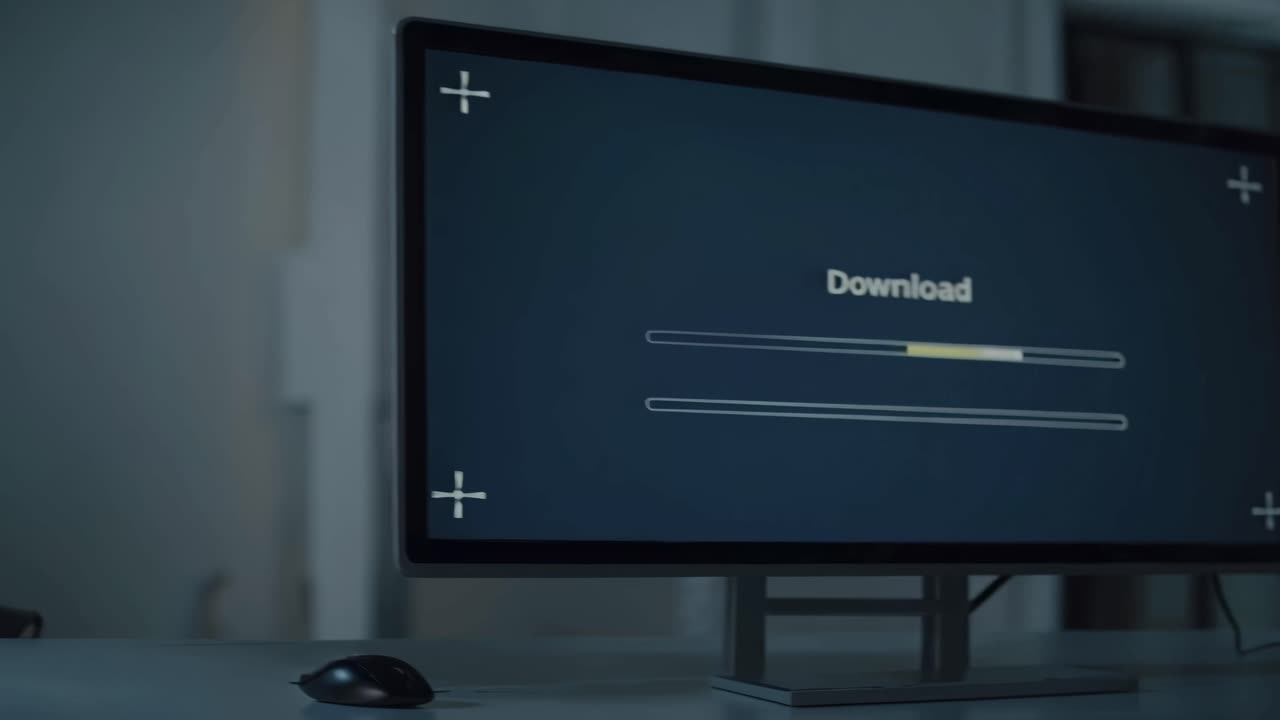 A side-angle shot of a computer monitor displaying a download progress bar, set in a dimly lit room