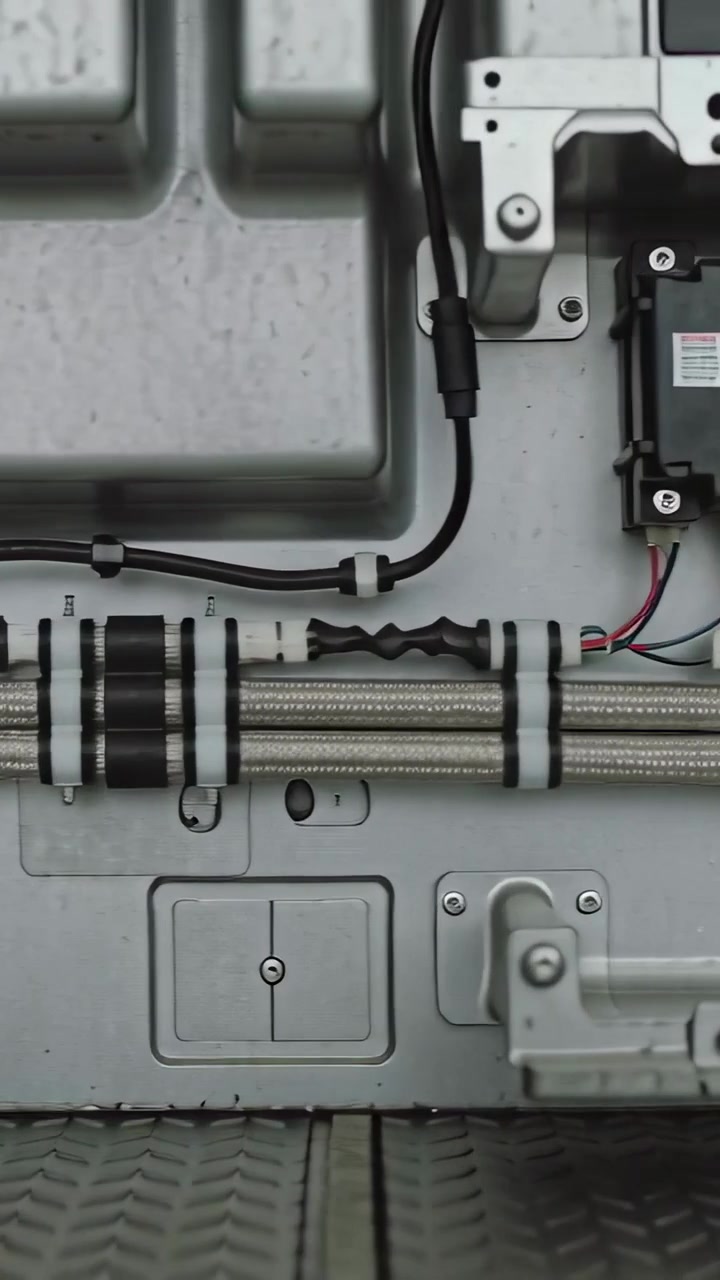 Vertical video: Panning cam showing control module in service bay with braided conduits for repair