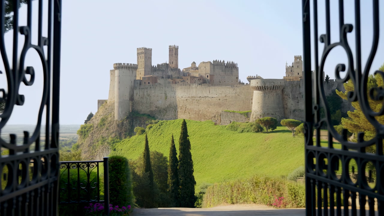 Sunlit Castle Framed By Ornate Gate, Manicured Cypress Garden In Foreground, Stone Ramparts And Towers Rise