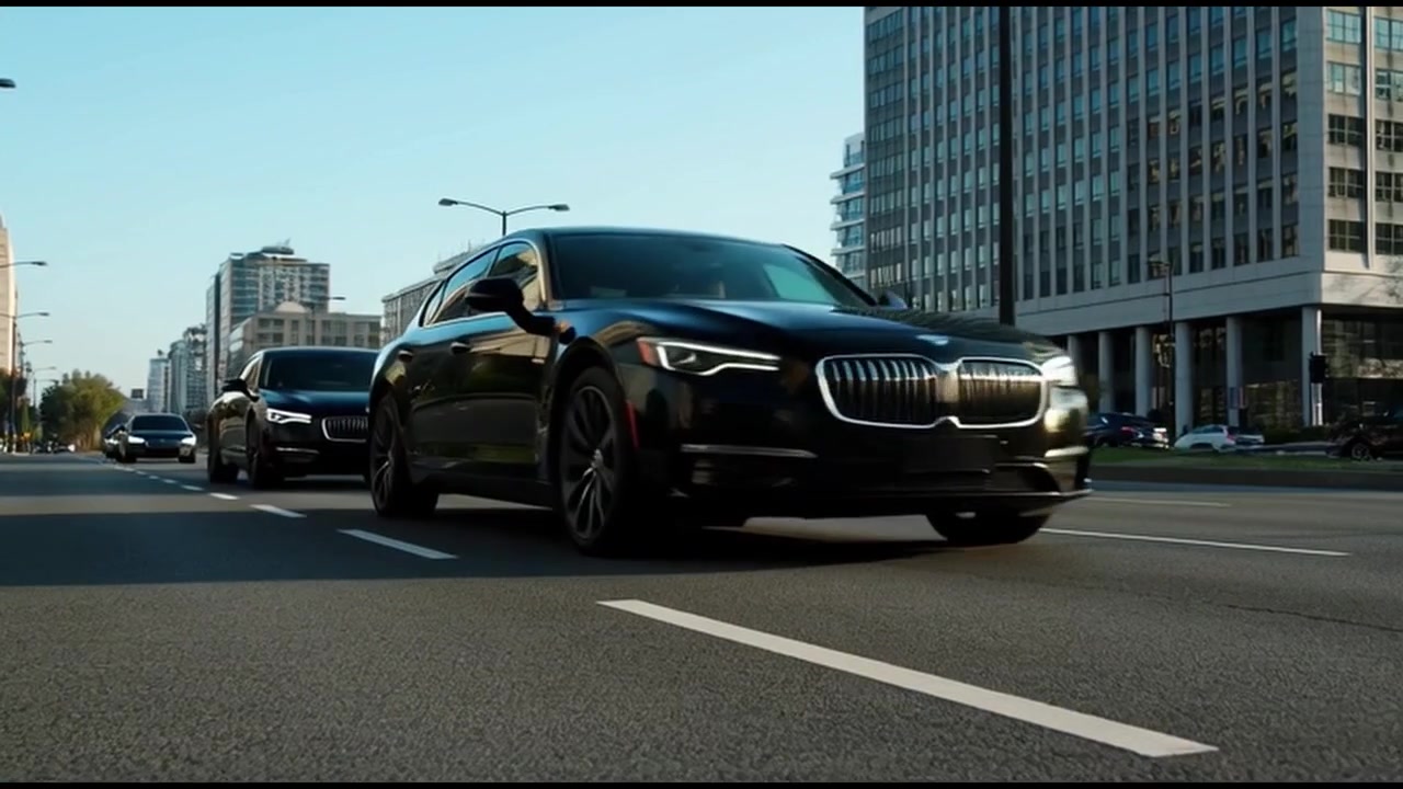 Comboio de Sedans de Luxo Pretos Dirigindo em Rua da Cidade.