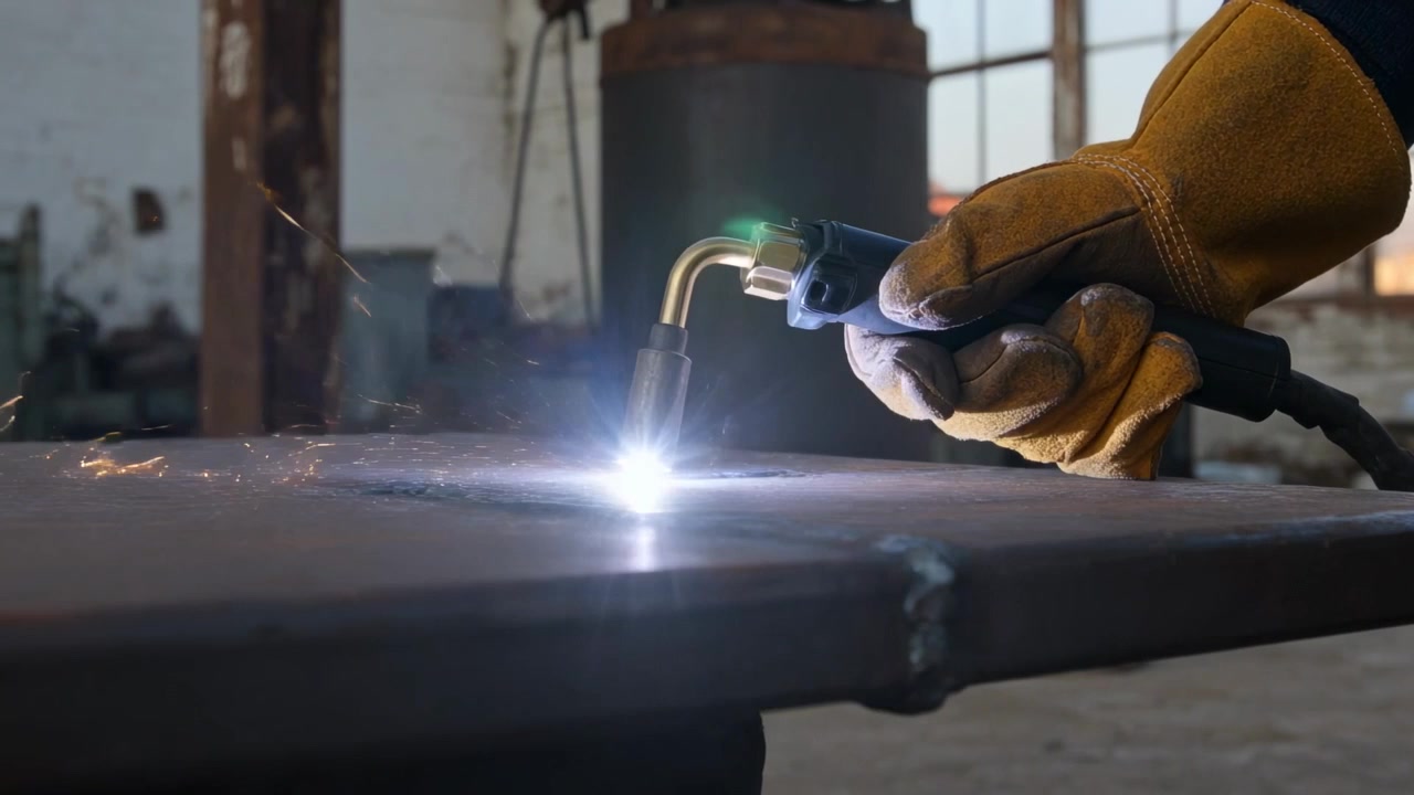 Lowering leather-gloved hand holding torch on bench, creating molten seam with sparks, copy space