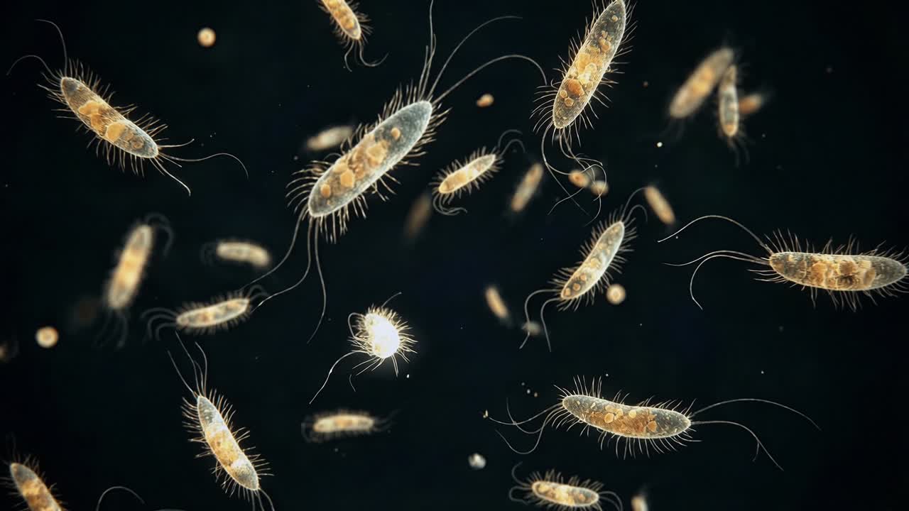 Bacterias microscópicas con flagelos nadando a través de un fluido oscuro, flotando y rotando mientras las células se mueven y se propagan.