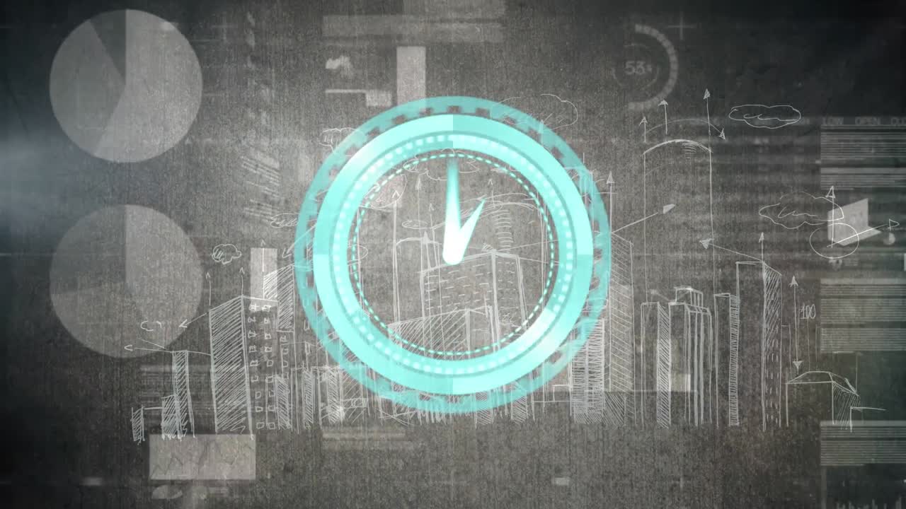 Animation of clock moving fast and statistics with data processing over cityscape
