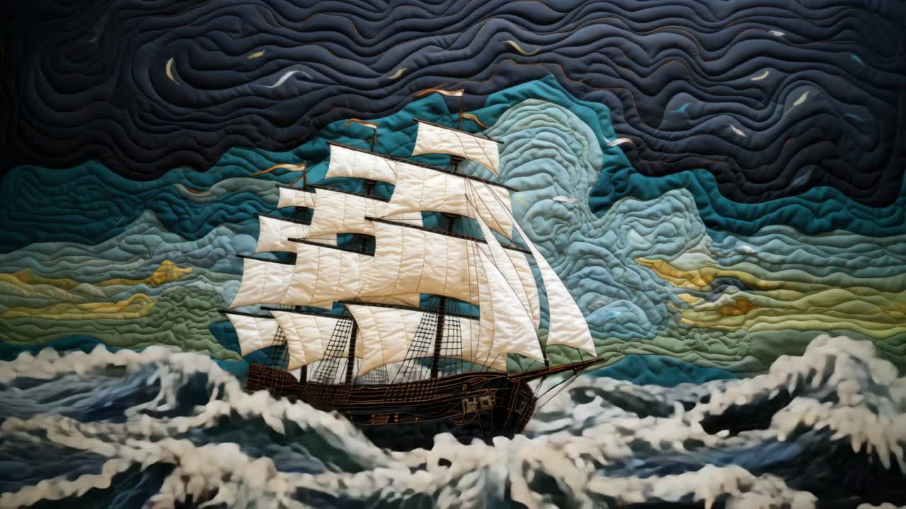 Vista aerea di un paesaggio marino con effetto trapuntato con una nave a vela. Le onde e il cielo testurizzati creano un dinamico