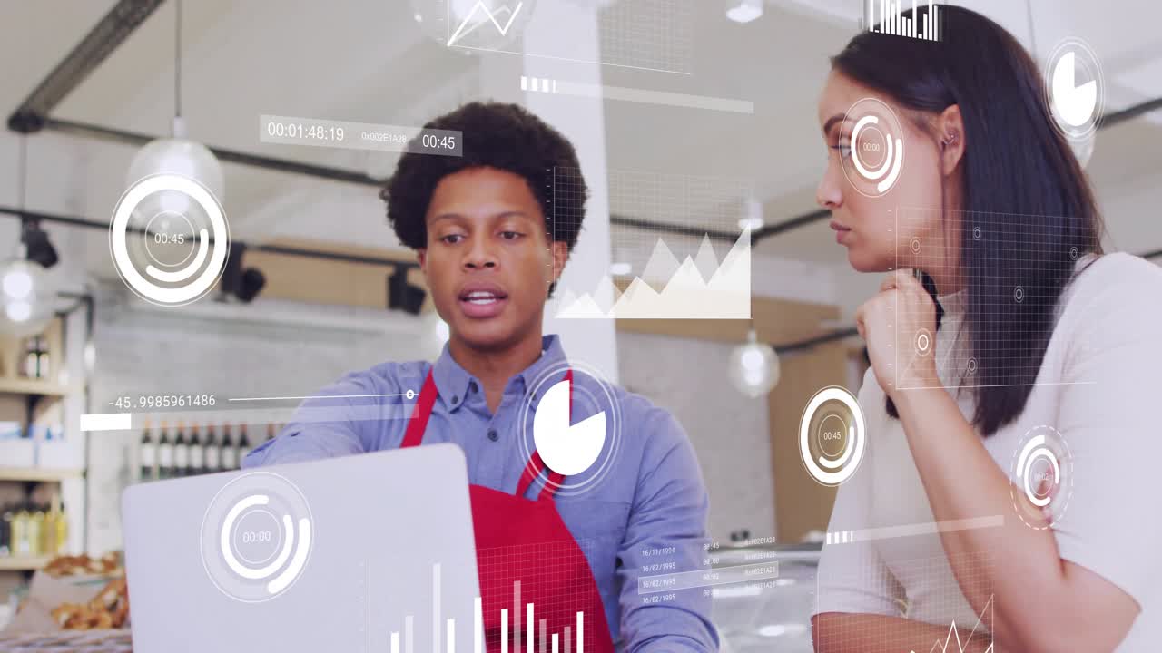 Animation of financial data processing over business people in coffee shop