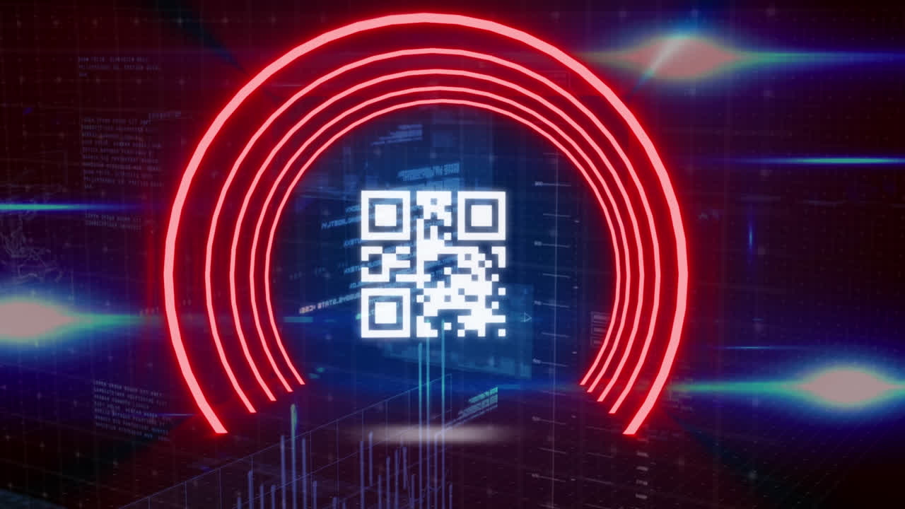 animación digital de código qr brillante contra puntos de luz y procesamiento de datos en fondo azul