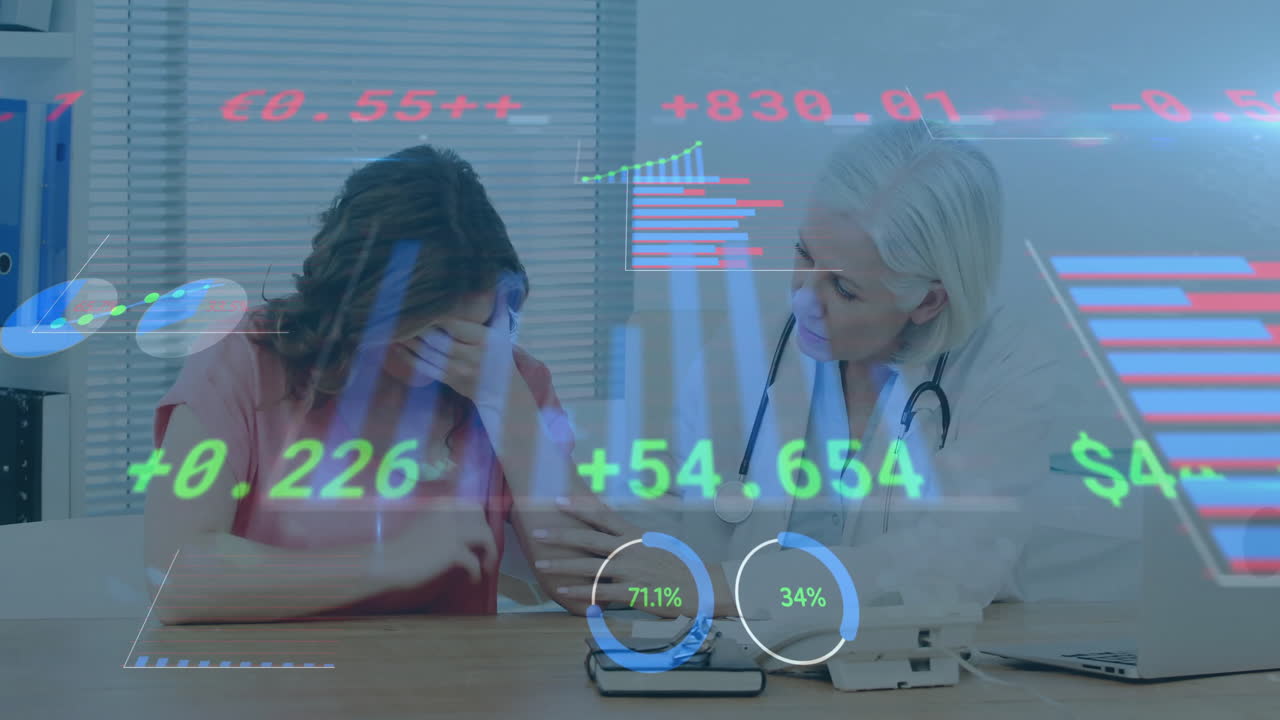 Mature female doctor consoling younger female patient at desk, showing animated finance charts