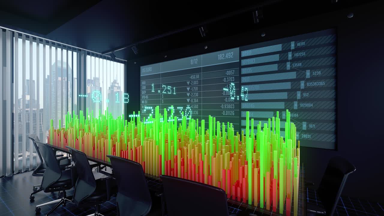 Charts Diagrams of Financial Statistics report Growing on Table in Office Interior. Red and green blocks. Exchange trading Gambling concept. Digital screen with stats. 4K Business 3d animation