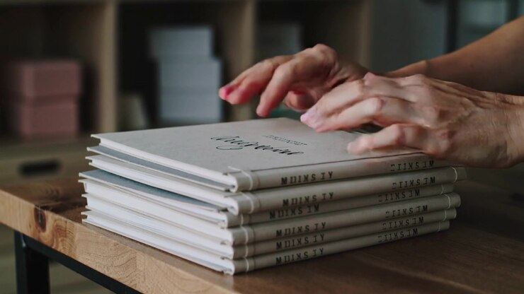 Entering from right, hands placing booklet onto folded stack on table, aligning spines for order
