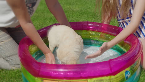 madre e hija bañan a un cachorro peludo en una pequeña piscina inflable