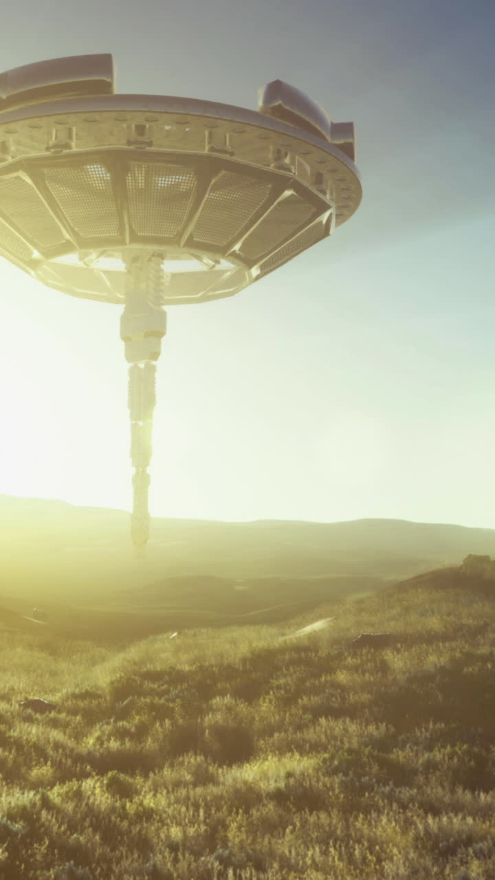 Mysterious alien ship hovers above a tranquil valley at sunrise