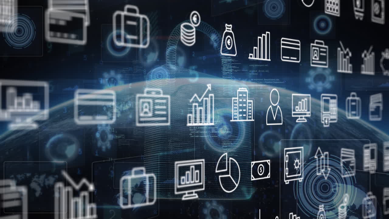 animación de múltiples iconos digitales y procesamiento de datos de seguridad cibernética contra un globo