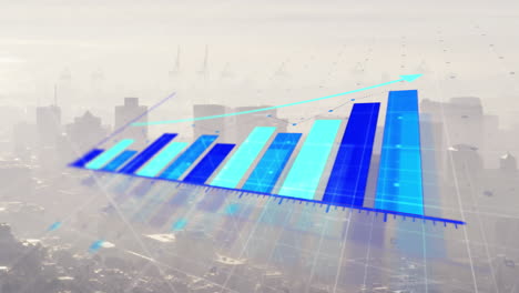 animación del procesamiento de datos estadísticos frente a una vista aérea del paisaje urbano