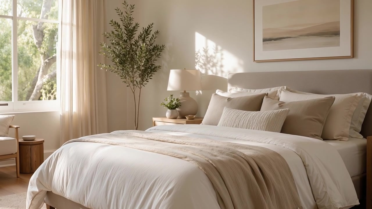 Interno di una camera da letto luminosa e moderna con un grande letto, toni neutri e luce solare naturale da una finestra