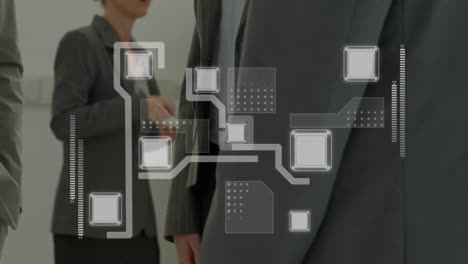diseño de interfaz digital contra la sección media de los empresarios que se dan la mano en la oficina