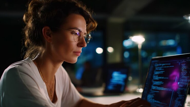 Focused Programmer Working Late at Night, Analyzing Code on a Laptop in a Modern Office Environment, Illuminated by Soft Desk Lights and Computer Screens