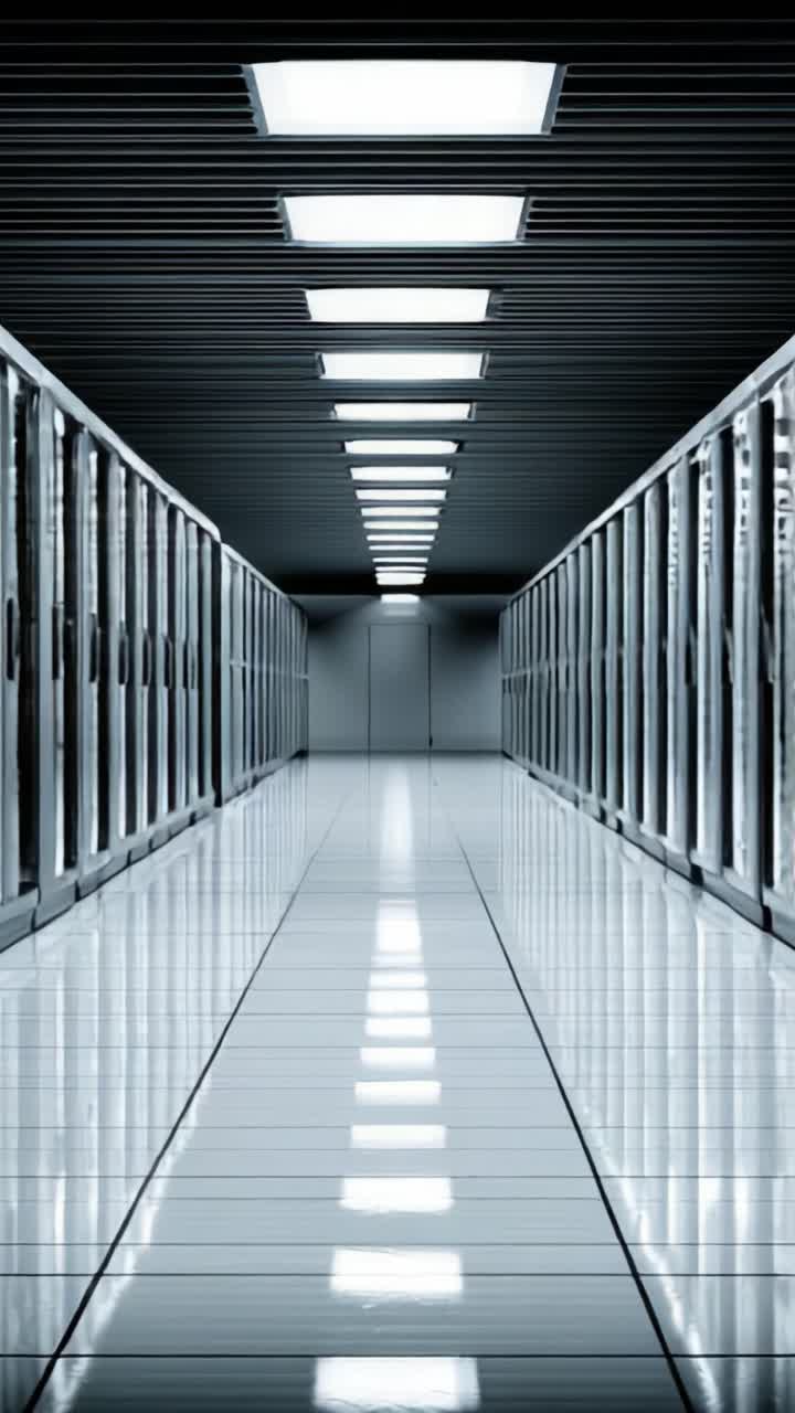 Un corridoio di un data center elegante e moderno che mostra elementi architettonici raffinati e percorsi illuminati per operazioni tecnologiche efficienti